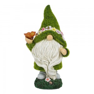 Customized wholesale artificial moss finished polyresin gnome statue with solar light