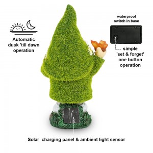 Customized wholesale artificial moss finished polyresin gnome statue with solar light