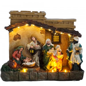 Western Saints Christmas Resin Craft Nativity Religious Music LED Warming Cabin Lights Home Decorations