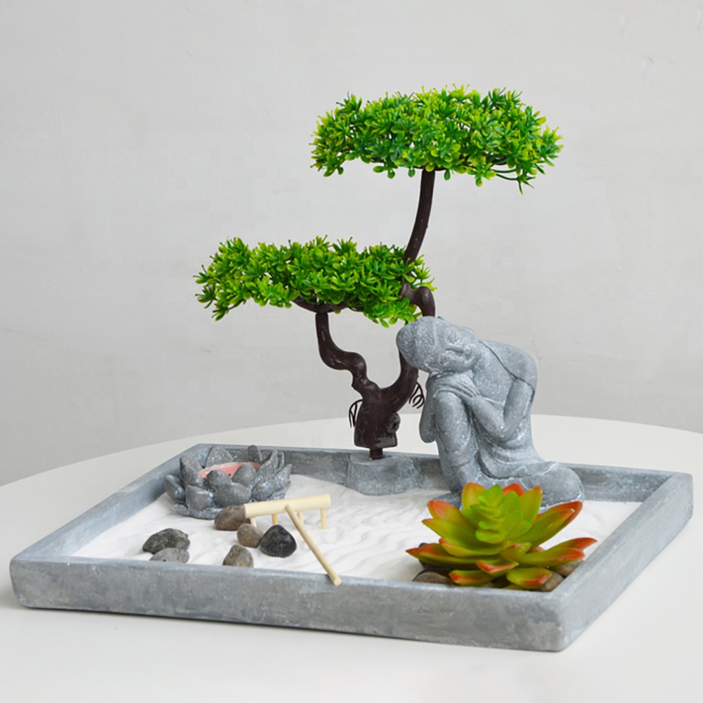 Customized rocks and plastic succulents scene home meditation resin zen buddha fountain with sand