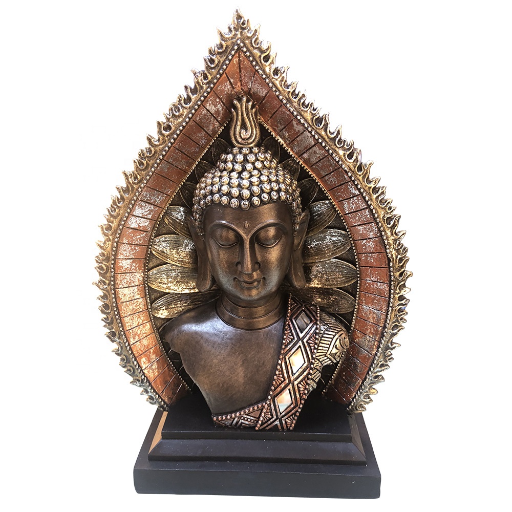 OEM peace harmony polyresin Zen Buddhism craft, resin Golden meditating buddha head statue with Halo and base