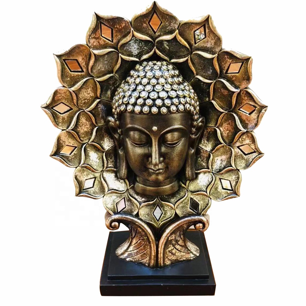 Custom peace harmony resin Meditating gift, resin Golden Thai buddha head statue with Halo