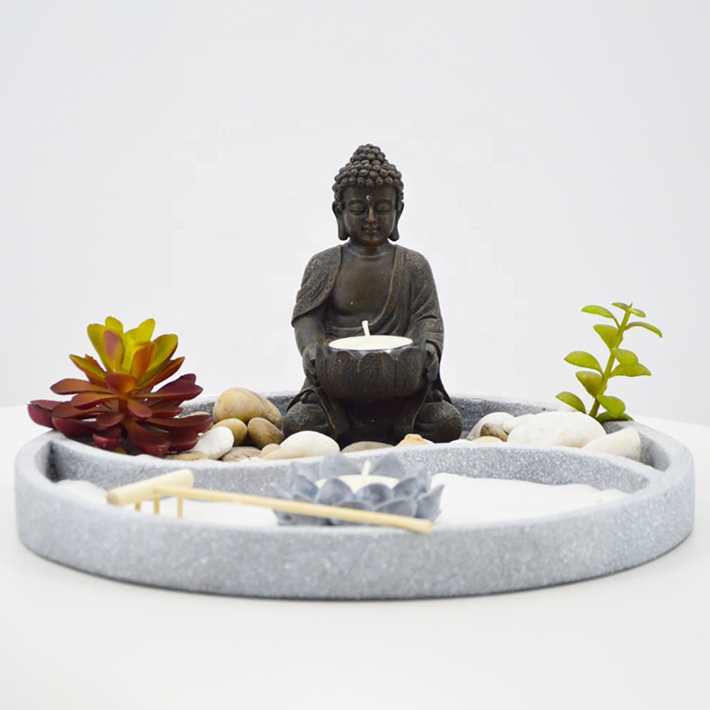 Resin factory direct meditation Sand zen buddha fountain with tealight candle holder