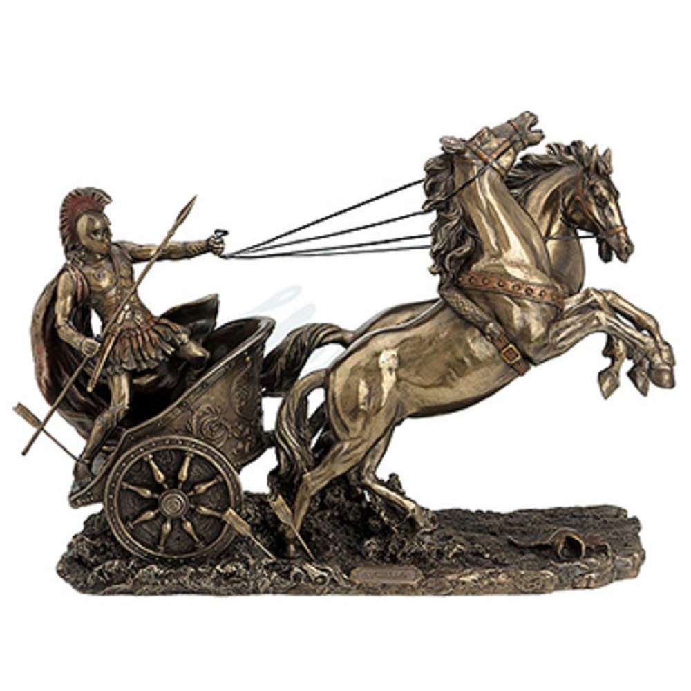 Wholesale tabletop home decor polyresin Greek god Sculpture troy, resin Achilles statue On Two Horse Chariot