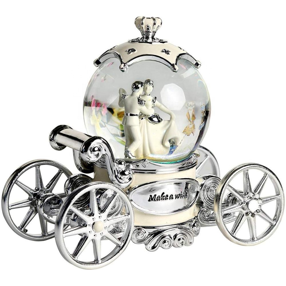 Romantic Pearl White Ivory and Silver Fairy Tale Dancer snowglobe Carriage Music Box
