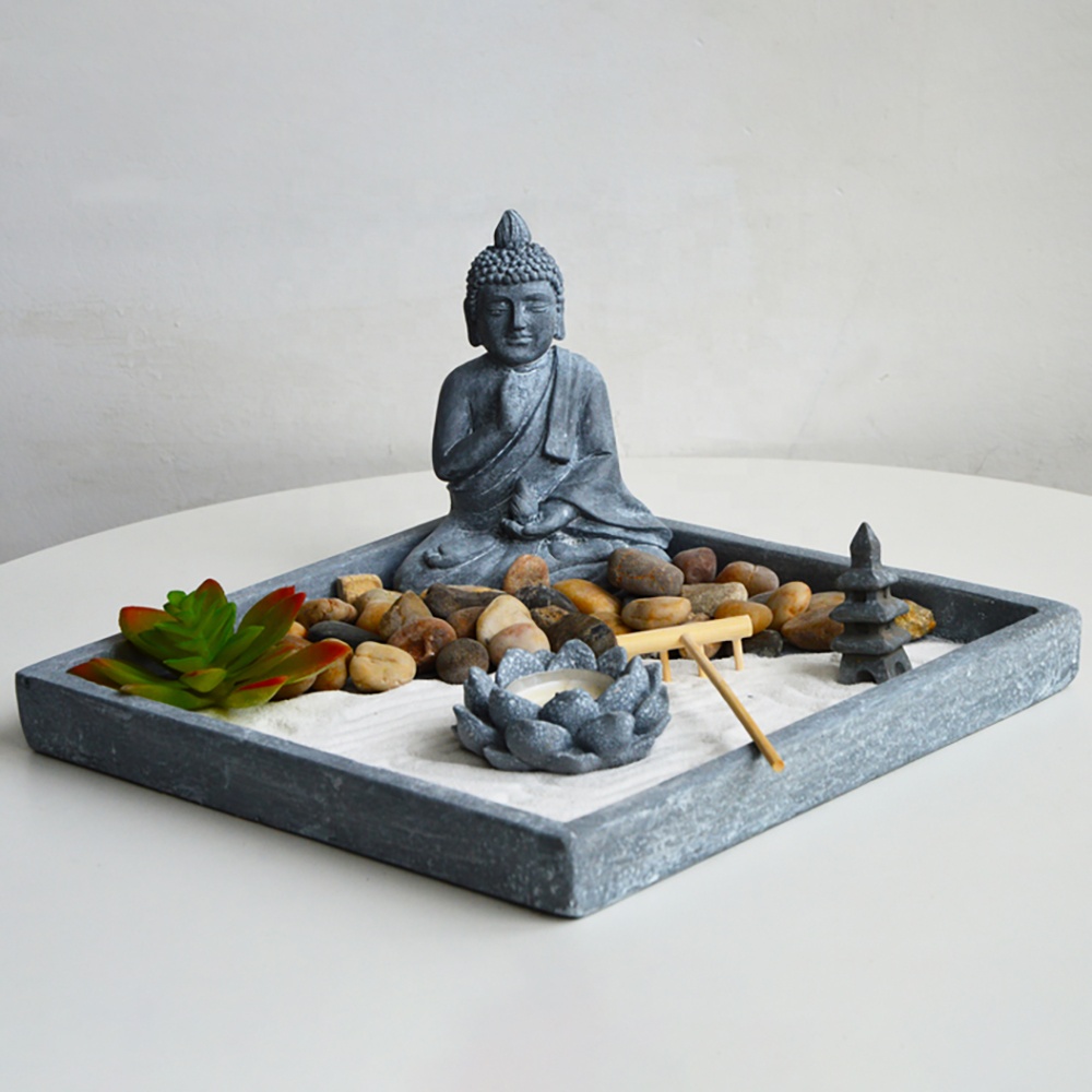 Wholesale fengshui Meditation resin sand zen fountain with rocks and plastic succulents