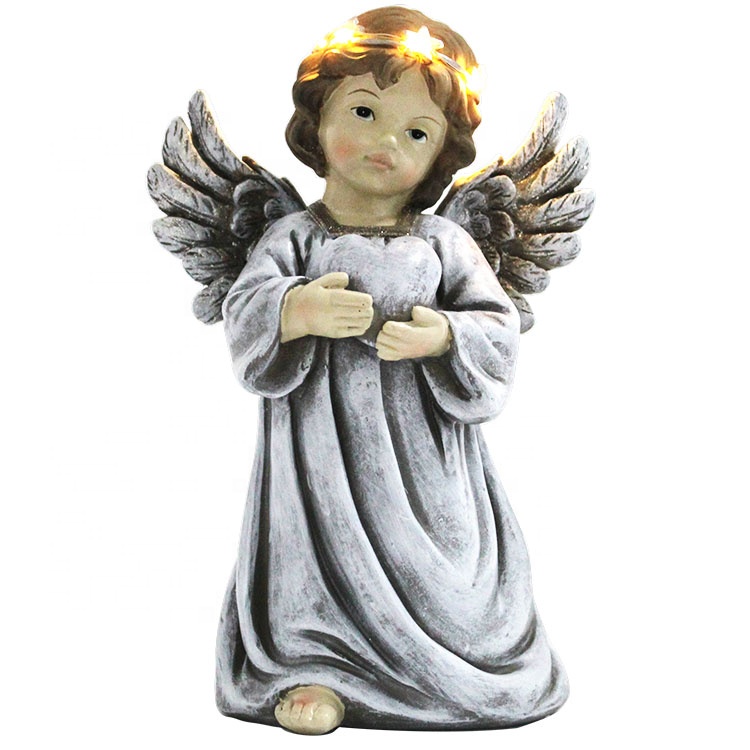 Home table decor polyresin wing cherub baby cupid angel figurine with led ring