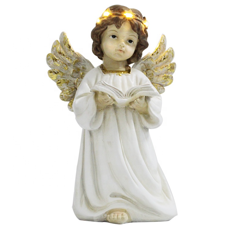 Home indoor Led decor resin wing polyresin miniature angel figurine with book
