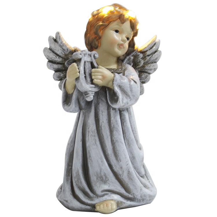 Handmade table top polyresin wing resin colored angel figurine statue with harp