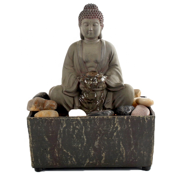 Anyouo indoor art Led resin home decor tabletop Buddha statue water fountain with stones