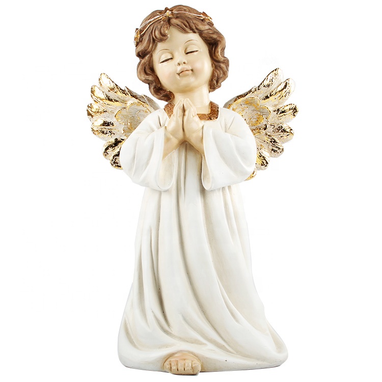 Home indoor decor miniature polyresin resin gold wing resin cherub angel statues with led ring