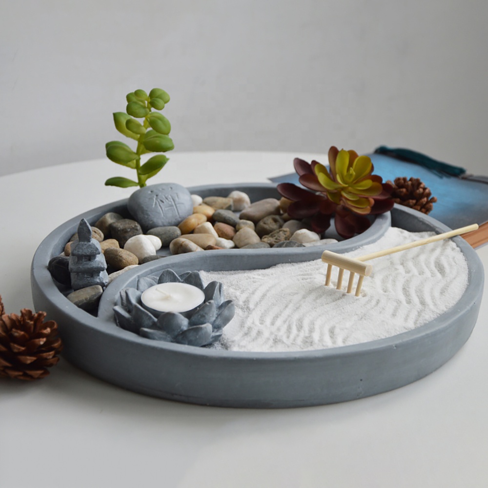 Fengshui indoor resin zen buddha fountain with sand rock and rake sence