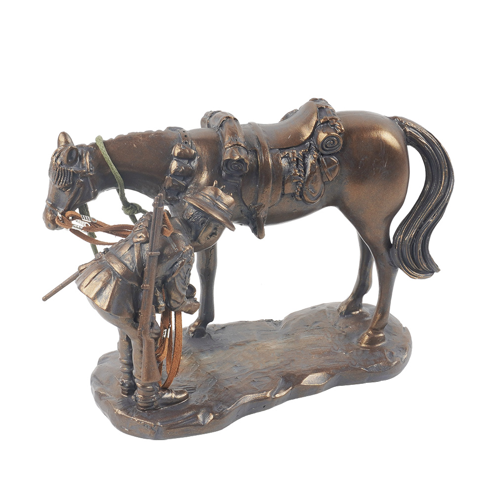 Wholesale small size tabletop polyresin souvenir, bronze finished miniature resin horse statue with soldiers