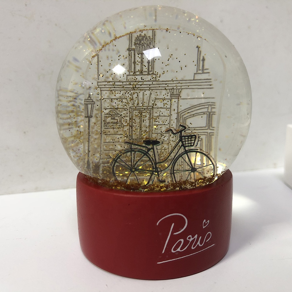 Custom acrylic sheet inside Amour Glitter Paris souvenir water glass snow globe with resin base